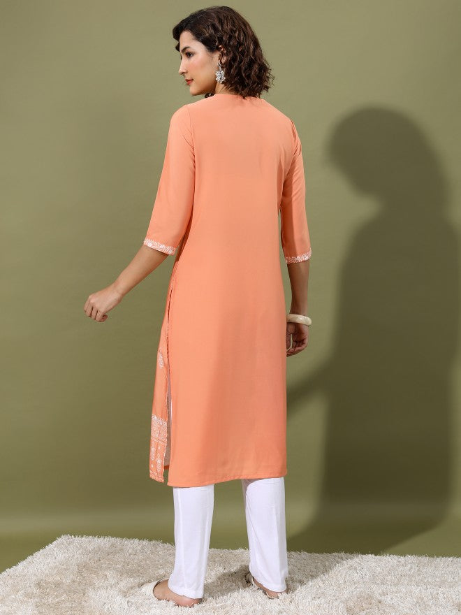 Vishudh Women Peach Printed Straight Kurta - Peach - Image 3