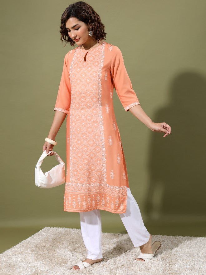 Vishudh Women Peach Printed Straight Kurta - Peach - Image 4
