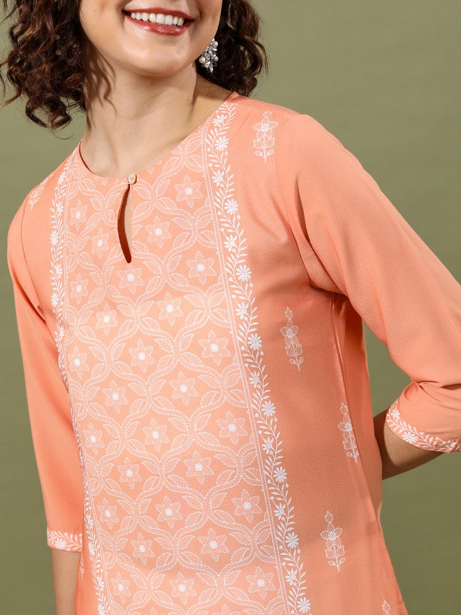 Vishudh Women Peach Printed Straight Kurta - Peach - Image 5