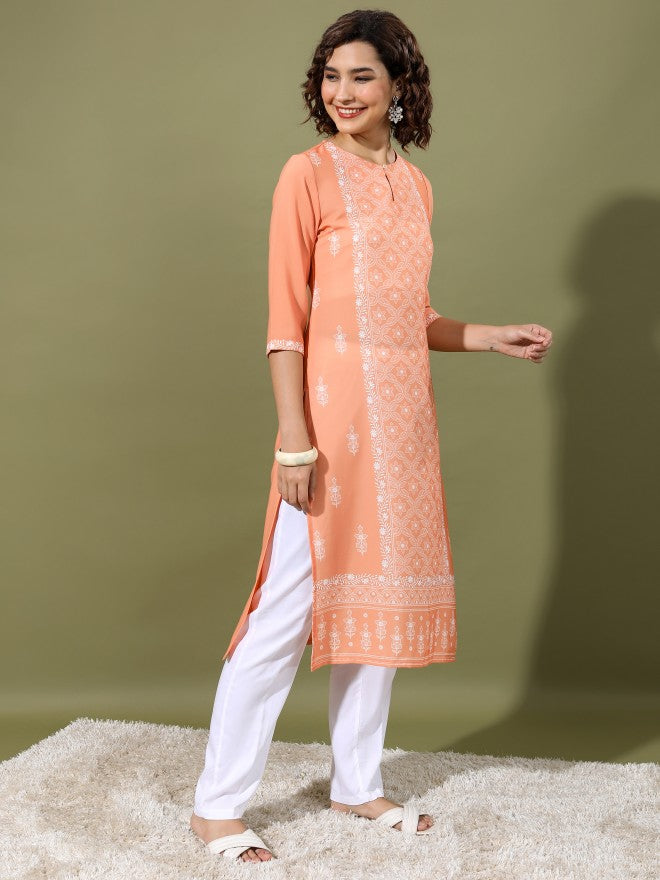 Vishudh Women Peach Printed Straight Kurta - Peach - Image 6