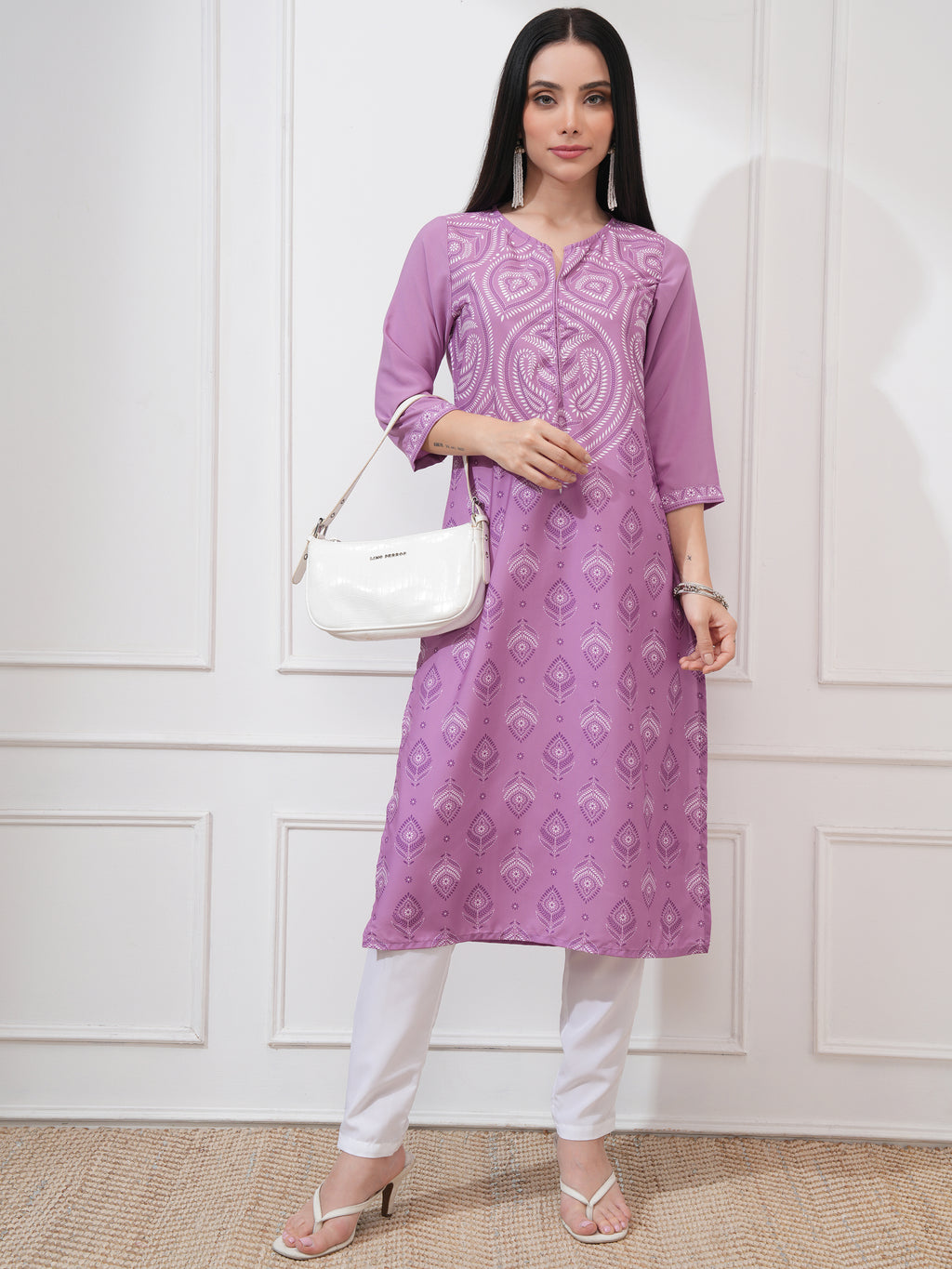 Vishudh Women Purple Printed Straight Kurta - Purple - Image 2