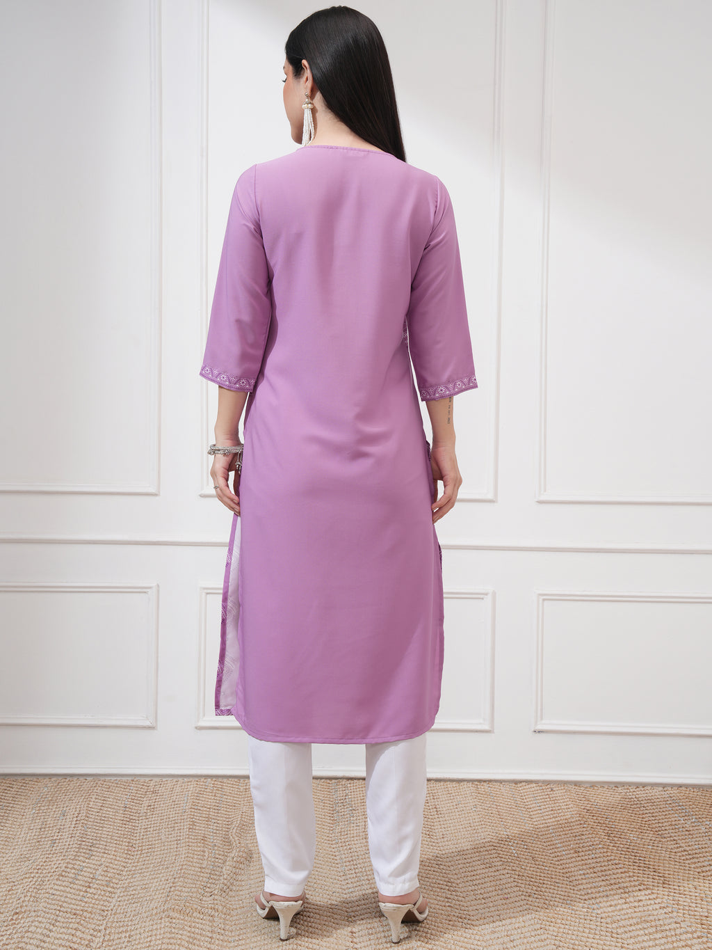 Vishudh Women Purple Printed Straight Kurta - Purple - Image 3