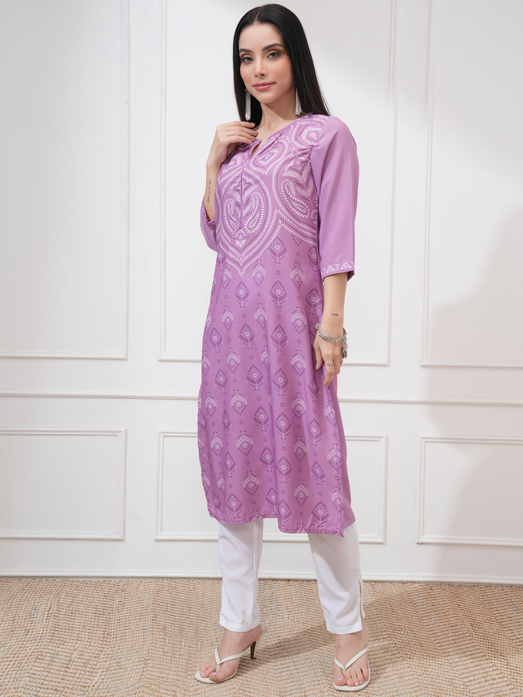 Vishudh Women Purple Printed Straight Kurta - Purple - Image 4