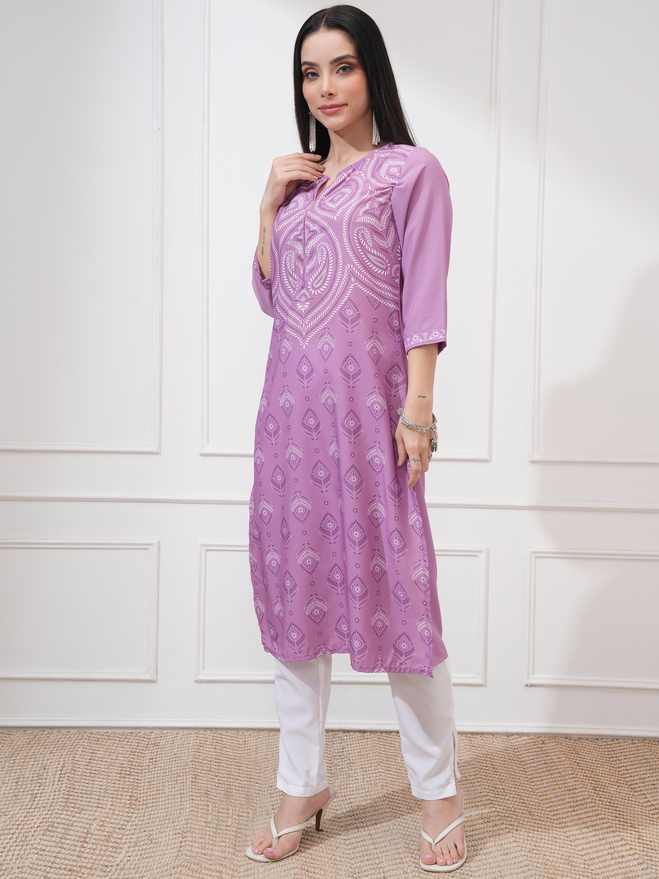 Vishudh Women Purple Printed Straight Kurta - Purple - Image 4
