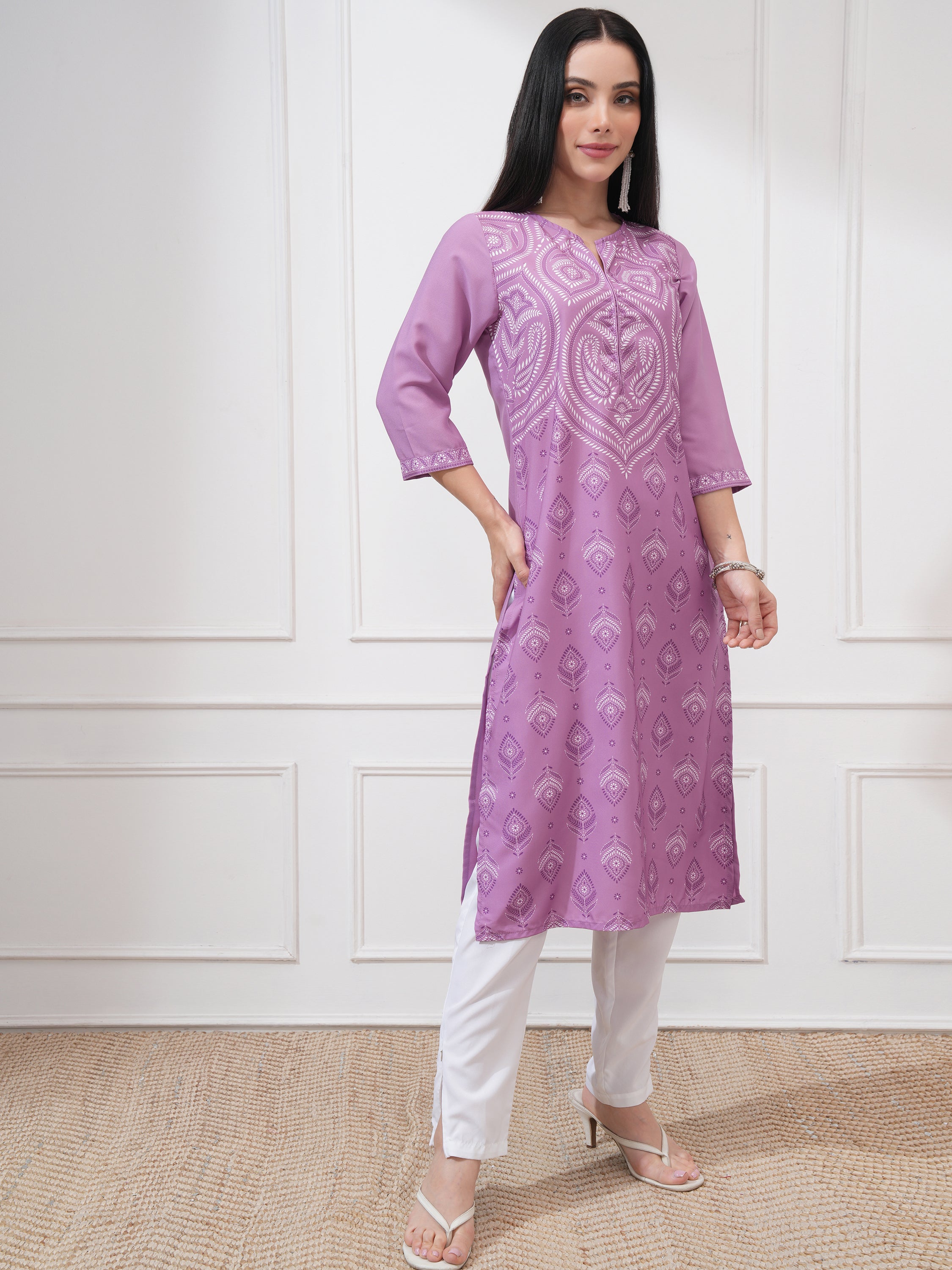 Vishudh Women Purple Printed Straight Kurta - Purple - Image 6