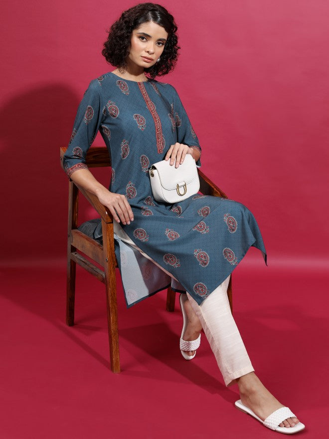 Vishudh Women Blue Printed Straight Kurta - Blue - Image 2