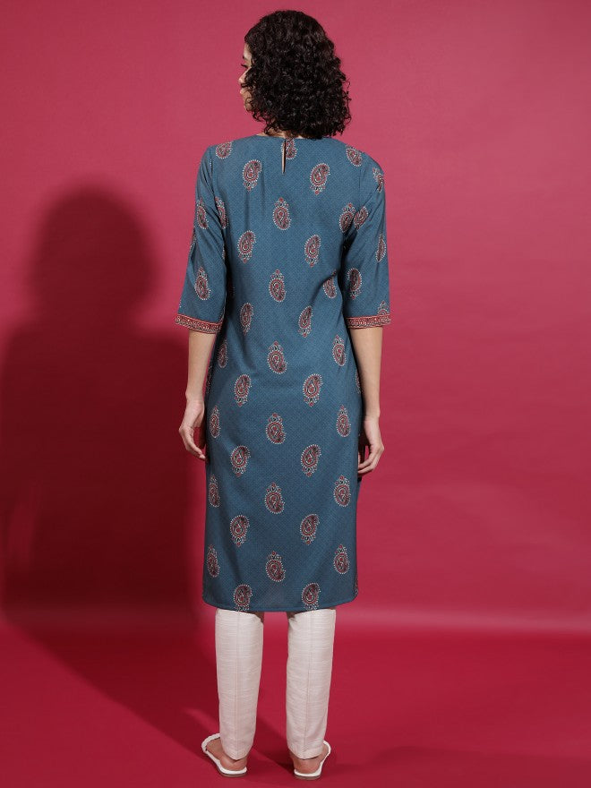 Vishudh Women Blue Printed Straight Kurta - Blue - Image 3
