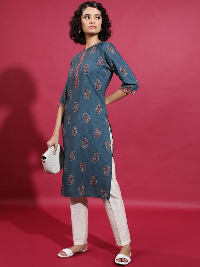 Vishudh Women Blue Printed Straight Kurta - Blue - Image 4
