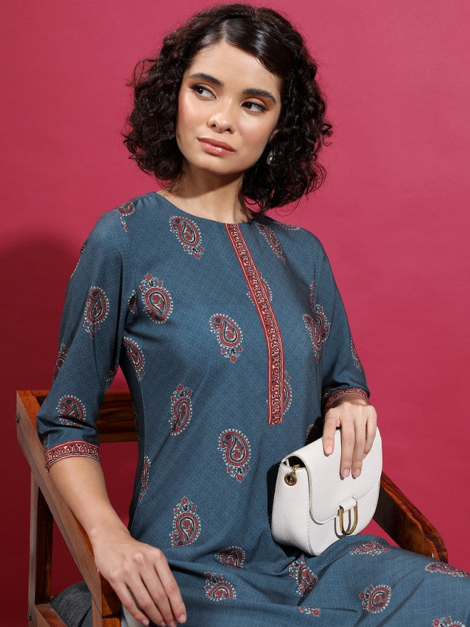 Vishudh Women Blue Printed Straight Kurta - Blue - Image 6