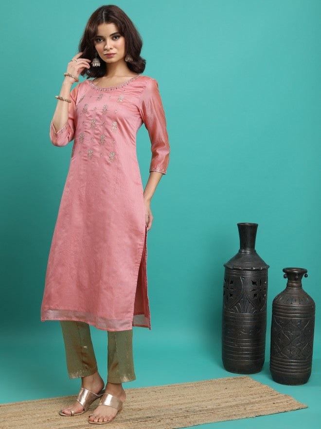 Vishudh Women Peach Embroidered Straight Kurta - Peach - Image 2