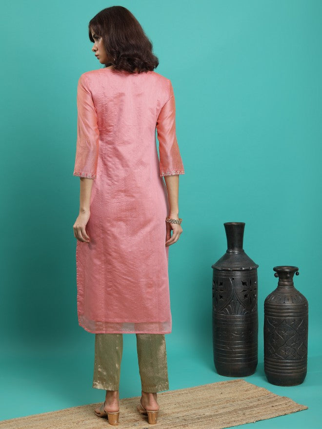 Vishudh Women Peach Embroidered Straight Kurta - Peach - Image 3
