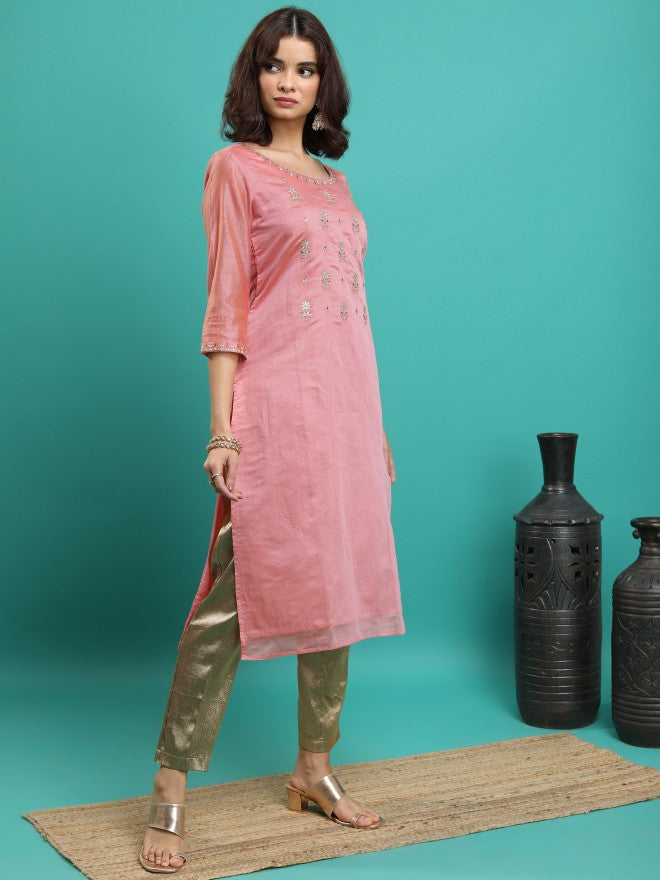 Vishudh Women Peach Embroidered Straight Kurta - Peach - Image 4