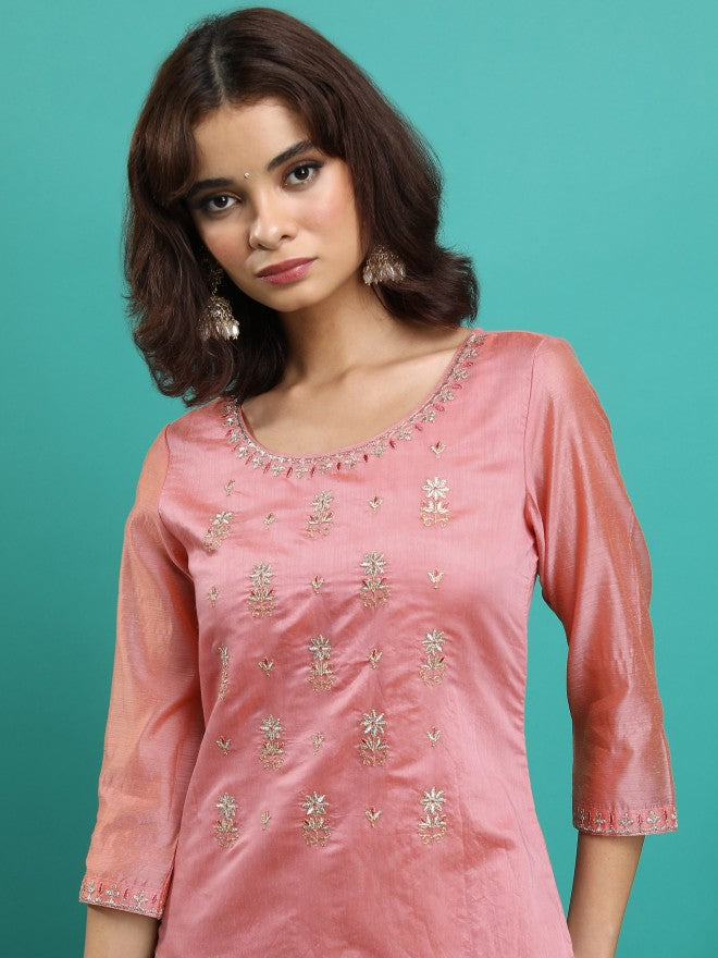 Vishudh Women Peach Embroidered Straight Kurta - Peach - Image 6