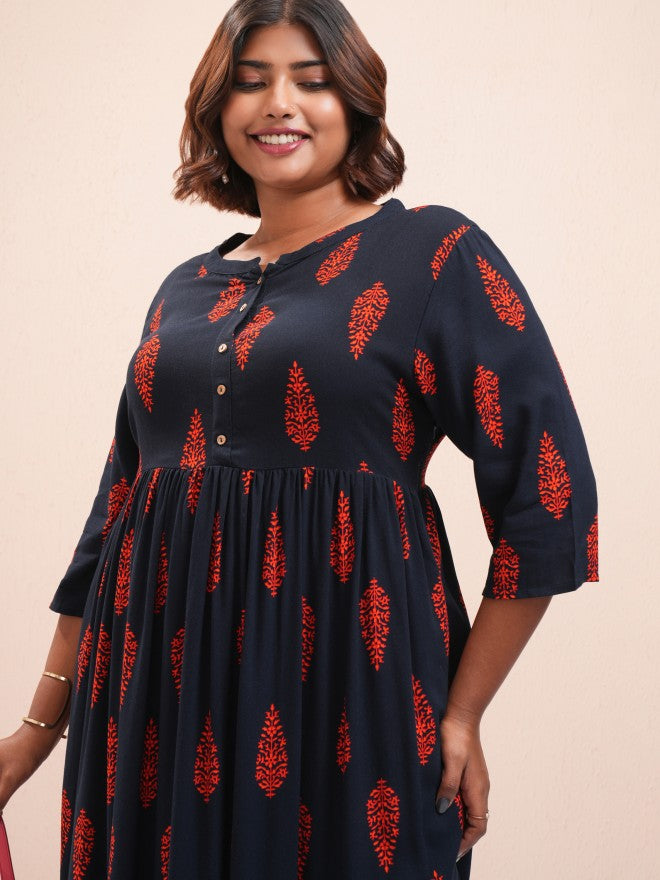 Vishudh Women Navy Blue Printed A-Line Kurta - Navy Blue - Image 1