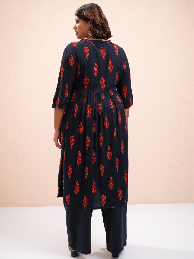 Vishudh Women Navy Blue Printed A-Line Kurta - Navy Blue - Image 3