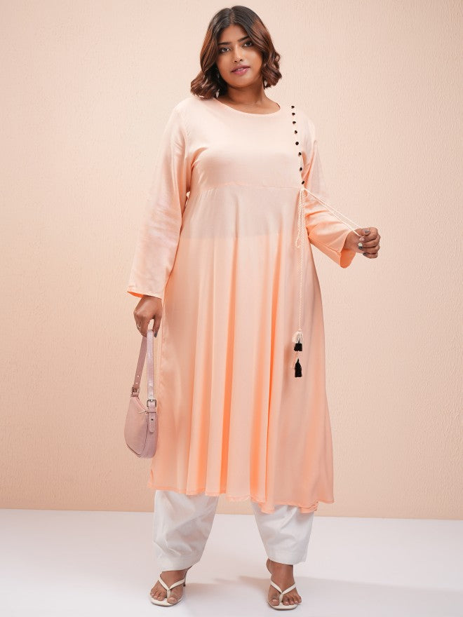 Vishudh Women Peach Printed A-Line Kurta - Peach - Image 2