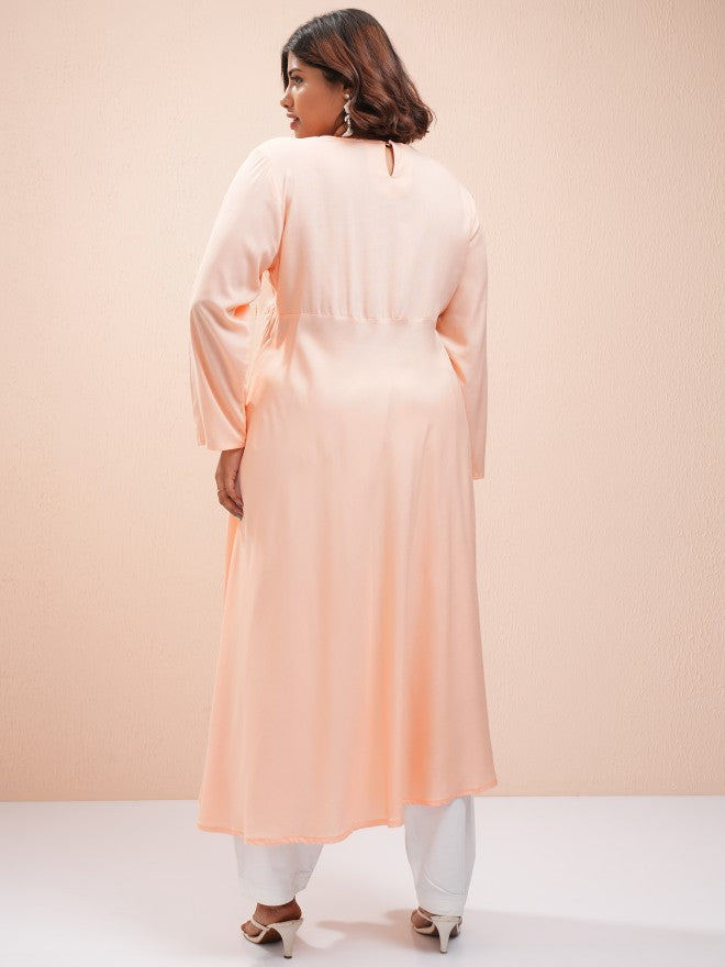 Vishudh Women Peach Printed A-Line Kurta - Peach - Image 3