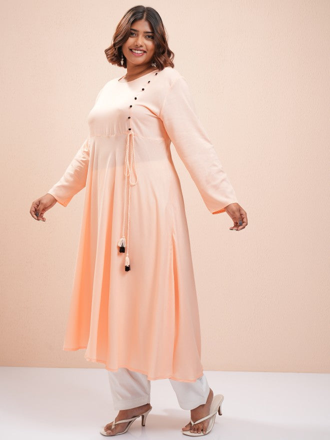 Vishudh Women Peach Printed A-Line Kurta - Peach - Image 4