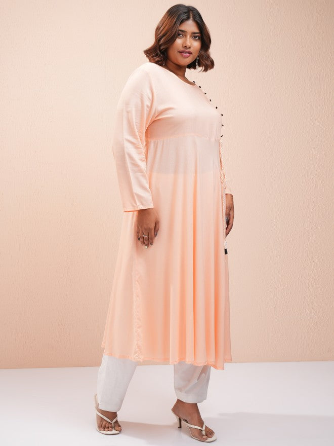 Vishudh Women Peach Printed A-Line Kurta - Peach - Image 6