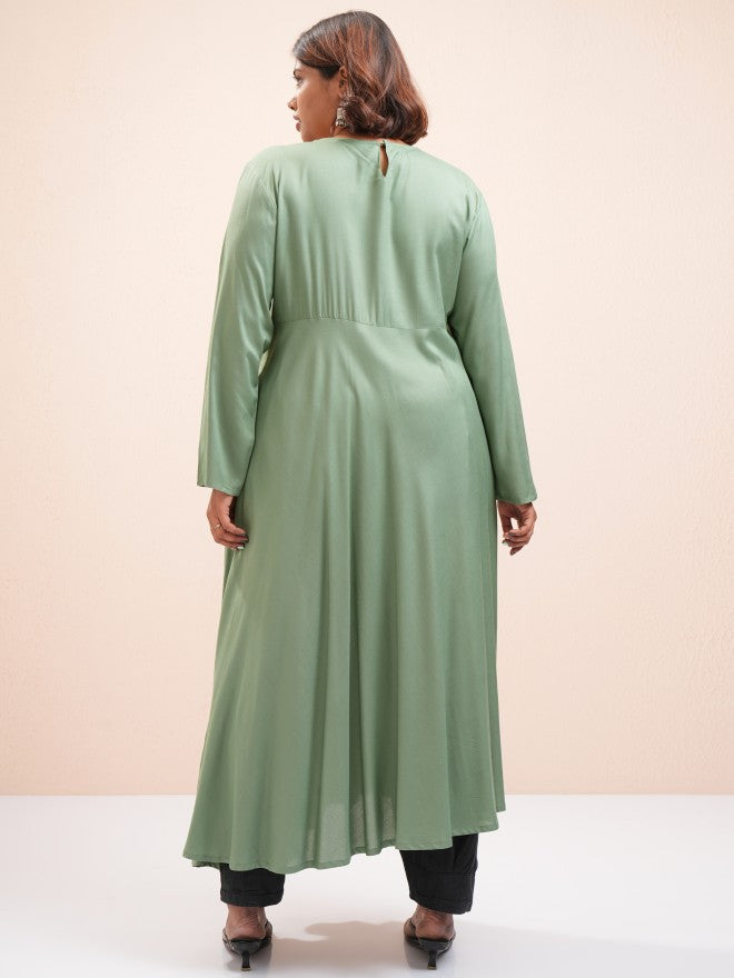 Vishudh Women Green Printed A-Line Kurta - Green - Image 3