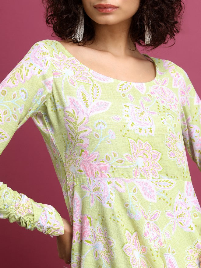 Vishudh Women Green Printed A-Line Kurta - Green - Image 5