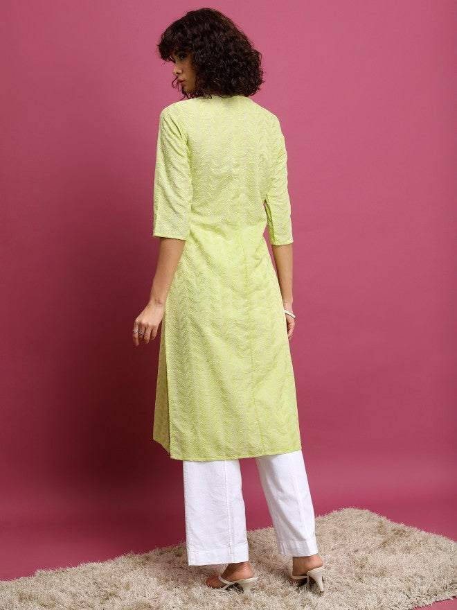 Vishudh Women Green Embroidered Straight Kurta - Green - Image 3