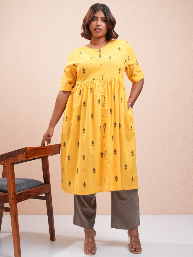 Vishudh Women Yellow Printed Straight Kurta - Yellow - Image 2