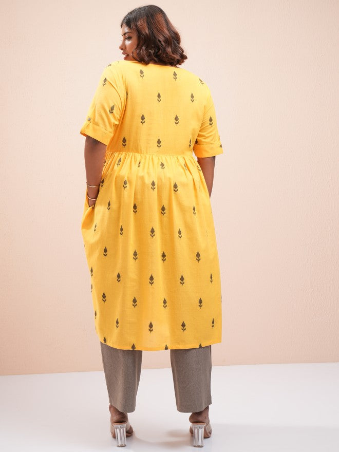 Vishudh Women Yellow Printed Straight Kurta - Yellow - Image 3