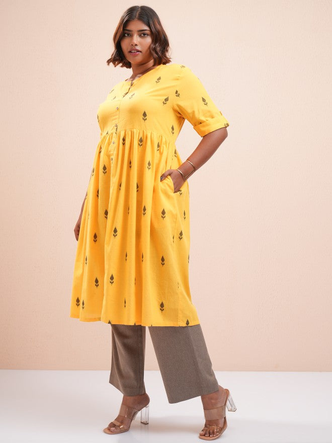 Vishudh Women Yellow Printed Straight Kurta - Yellow - Image 4