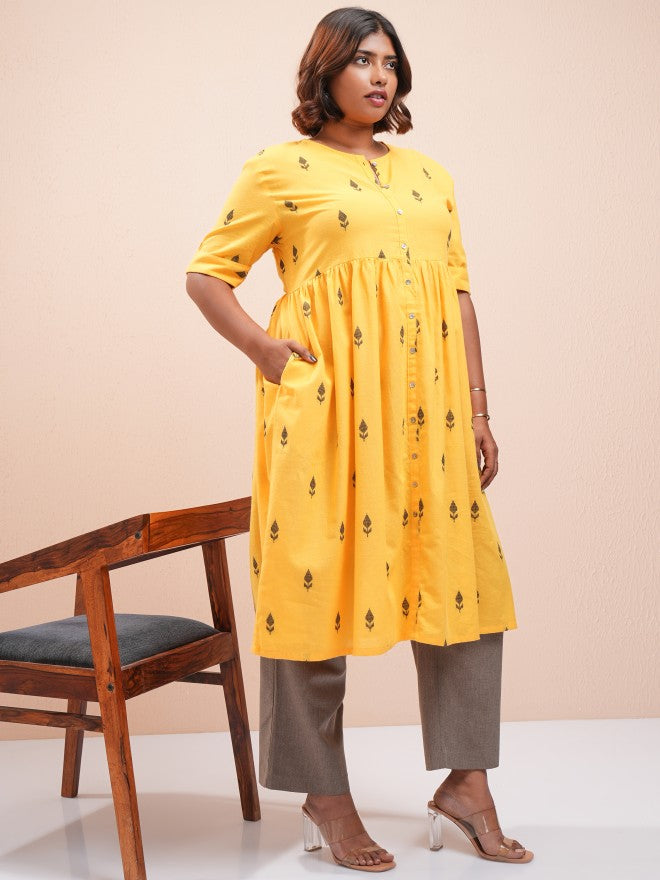 Vishudh Women Yellow Printed Straight Kurta - Yellow - Image 6