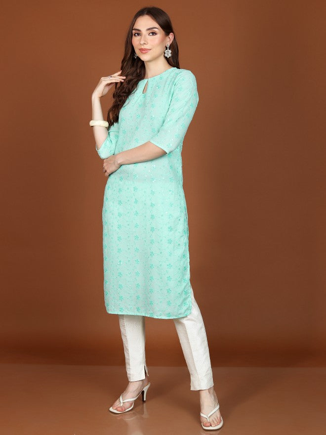 Vishudh Women Straight Embroidered Straight Kurta - Green - Image 2