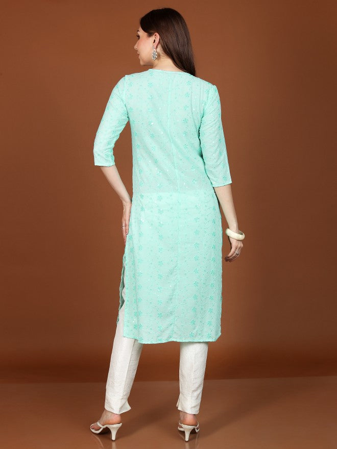 Vishudh Women Straight Embroidered Straight Kurta - Green - Image 3