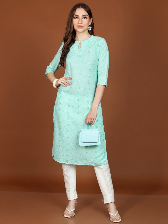 Vishudh Women Straight Embroidered Straight Kurta - Green - Image 4