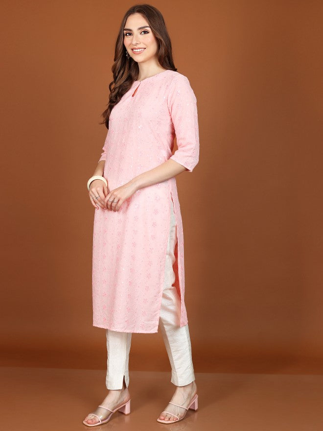 Vishudh Women Straight Embroidered Straight Kurta - Pink - Image 2