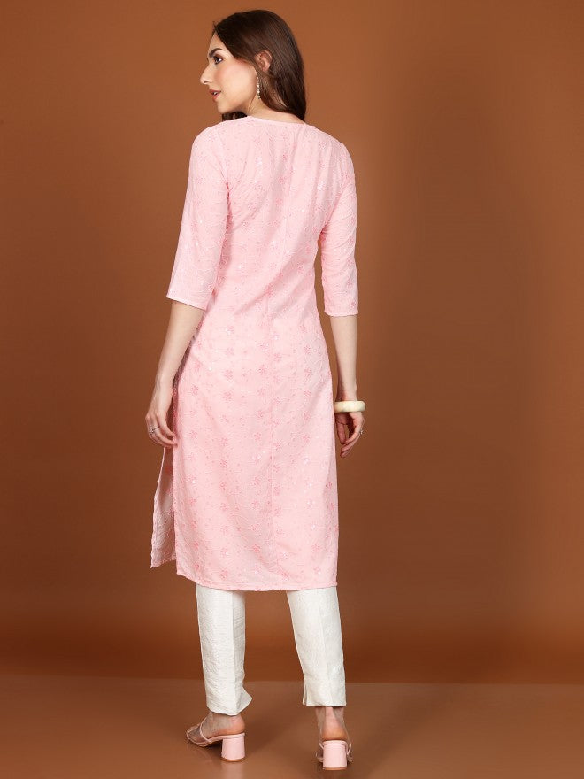 Vishudh Women Straight Embroidered Straight Kurta - Pink - Image 3