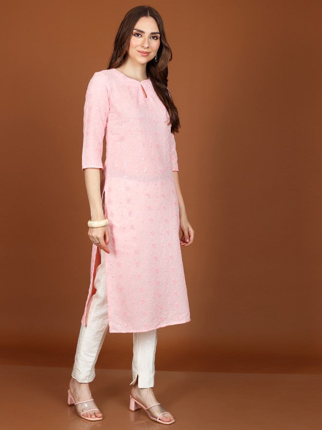 Vishudh Women Straight Embroidered Straight Kurta - Pink - Image 4