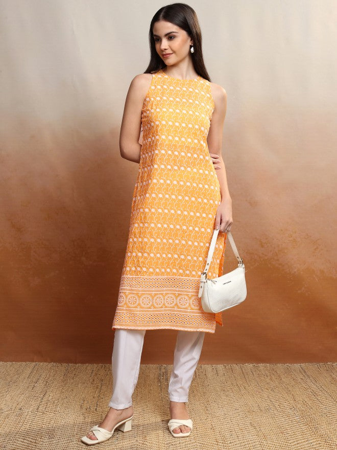 Vishudh Women Yellow Embroidered Straight Kurta - Yellow - Image 1