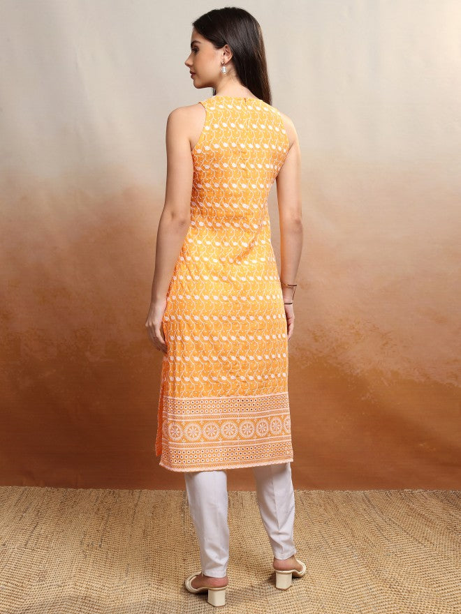 Vishudh Women Yellow Embroidered Straight Kurta - Yellow - Image 3
