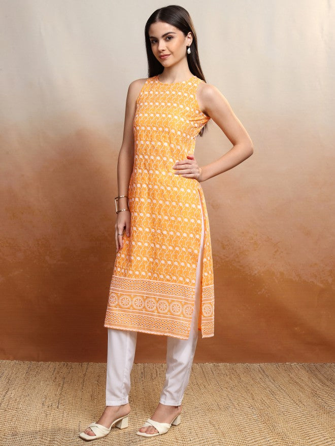 Vishudh Women Yellow Embroidered Straight Kurta - Yellow - Image 4