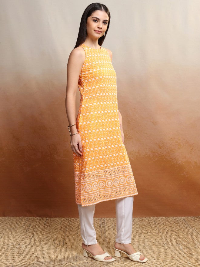 Vishudh Women Yellow Embroidered Straight Kurta - Yellow - Image 6