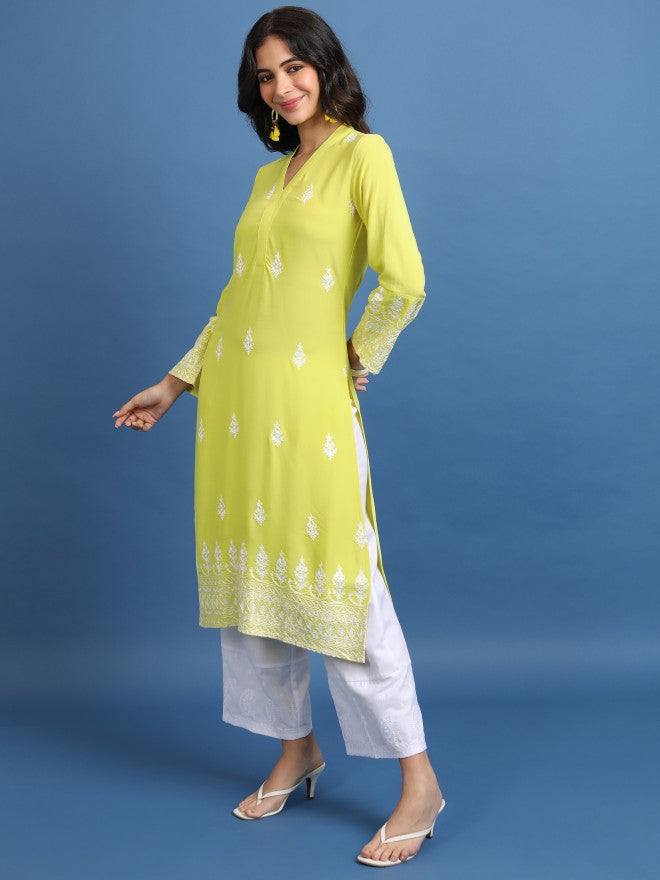Vishudh Women Green Embroidered Straight Kurta - Green - Image 2
