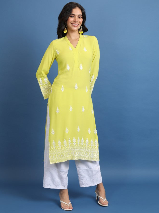 Vishudh Women Green Embroidered Straight Kurta - Green - Image 4
