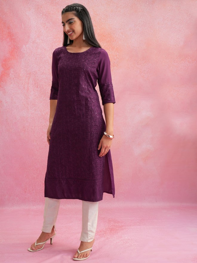 Vishudh Women Purple Embroidered Straight Kurta - Purple - Image 2