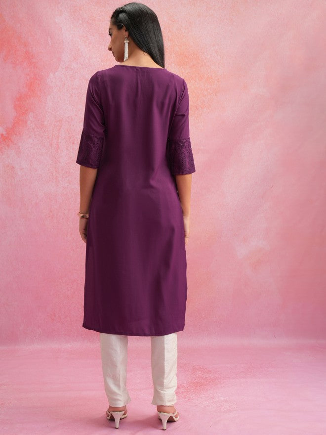 Vishudh Women Purple Embroidered Straight Kurta - Purple - Image 3
