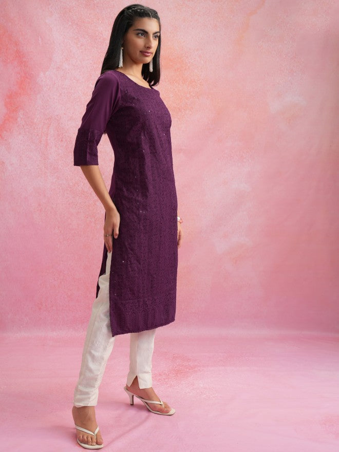 Vishudh Women Purple Embroidered Straight Kurta - Purple - Image 4