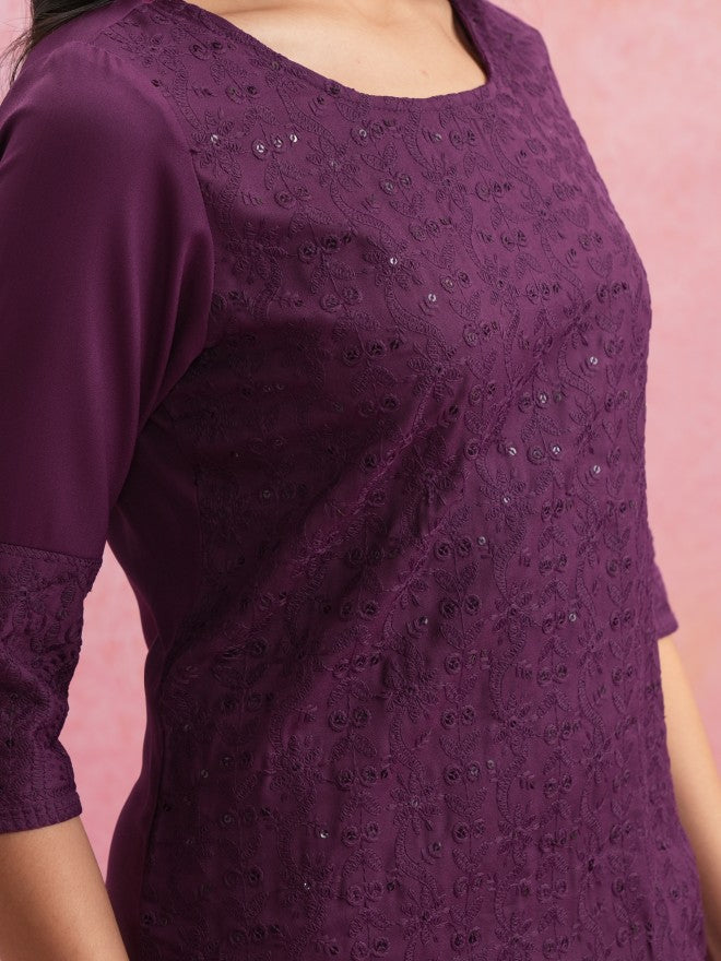Vishudh Women Purple Embroidered Straight Kurta - Purple - Image 5