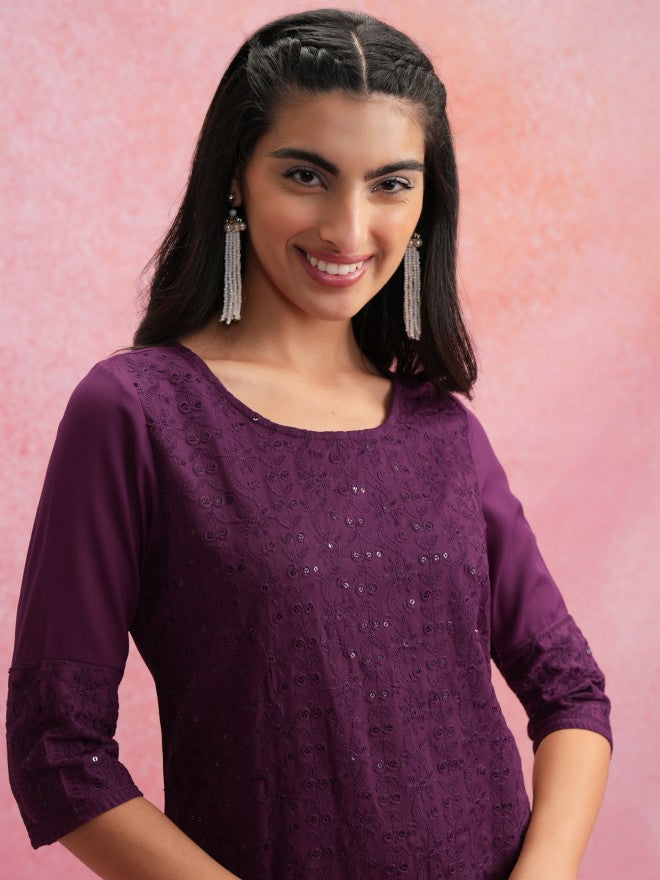 Vishudh Women Purple Embroidered Straight Kurta - Purple - Image 6