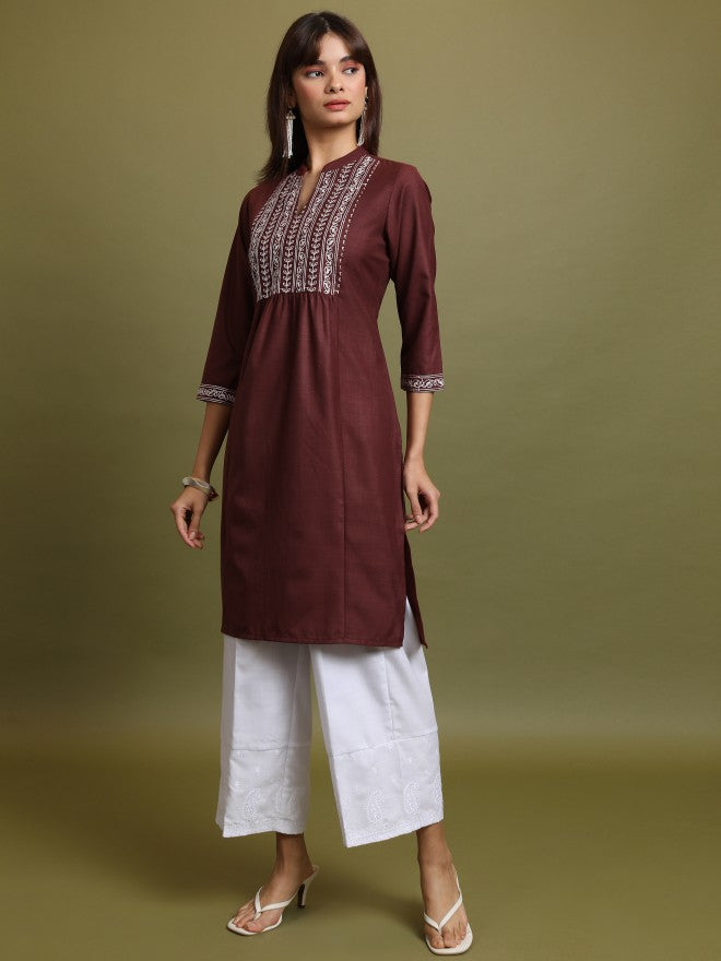 Vishudh Women Maroon Embroidered Straight Kurta - Maroon - Image 2