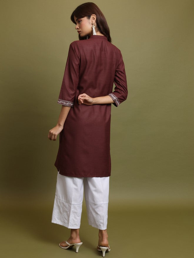 Vishudh Women Maroon Embroidered Straight Kurta - Maroon - Image 3