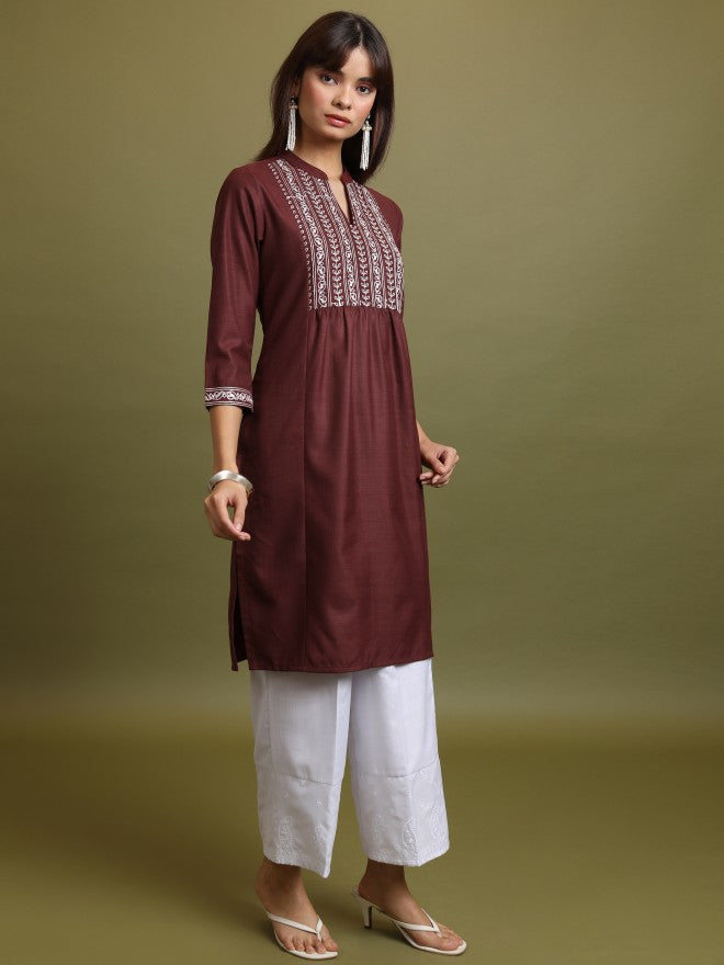 Vishudh Women Maroon Embroidered Straight Kurta - Maroon - Image 4